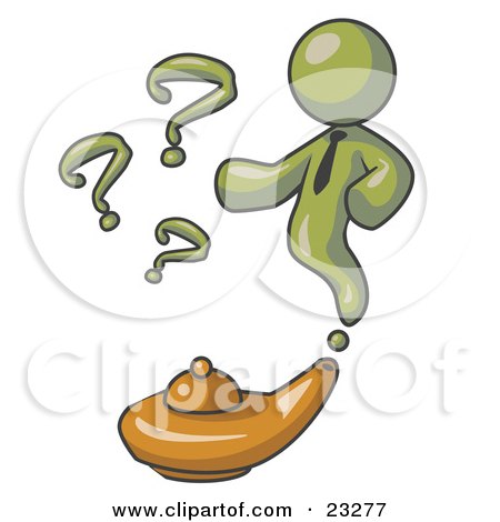 Clipart Illustration of an Olive Green Genie Man Emerging From a Golden Lamp With Question Marks by Leo Blanchette