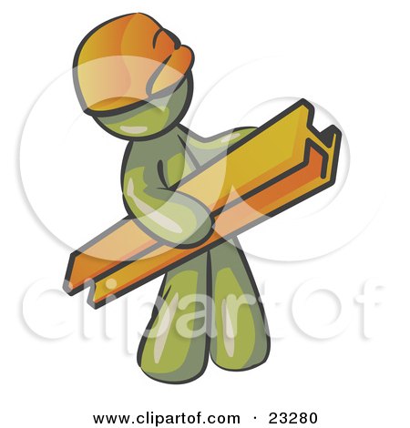 Clipart Illustration of an Olive Green Man Construction Worker Wearing A Hardhat And Carrying A Beam At A Work Site by Leo Blanchette