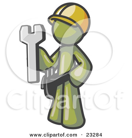 Clipart Illustration of a Proud Olive Green Construction Worker Man in a Hardhat, Holding a Wrench Clipart Illustration by Leo Blanchette