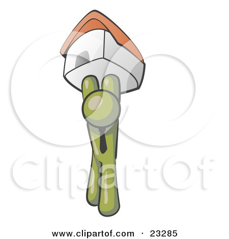Clipart Illustration of an Olive Green Man Holding Up A House Over His Head, Symbolizing Home Loans and Realty by Leo Blanchette