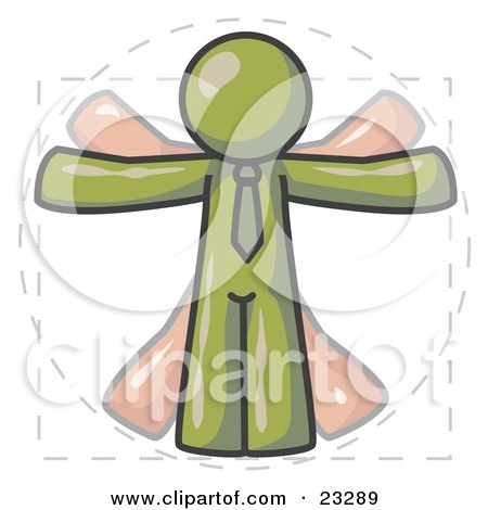 Clipart Illustration of a Man in Motion, Olive Green Vitruvian Cartoon Man by Leo Blanchette