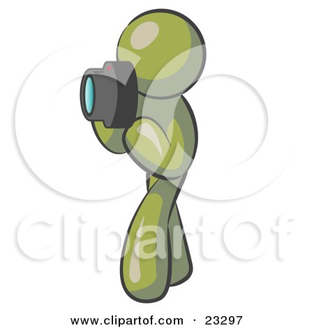Clipart Illustration of an Olive Green Man Character Tourist Or Photographer Taking Pictures With A Camera by Leo Blanchette
