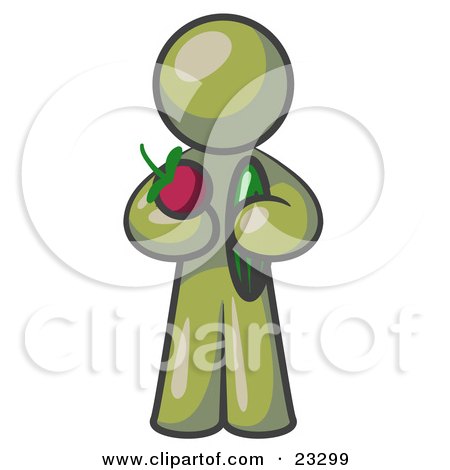 Clipart Illustration of a Healthy Olive Green Man Carrying A Fresh And Organic Apple And Cucumber by Leo Blanchette