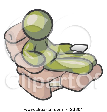 Clipart Illustration of a Chubby And Lazy Olive Green Man With A Beer Belly, Sitting In A Recliner Chair With His Feet Up by Leo Blanchette