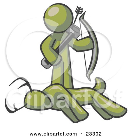 Clipart Illustration of an Olive Green Man, A Hunter, Holding A Bow And Arrow Over A Dead Buck Deer by Leo Blanchette