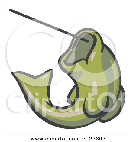 Clipart Illustration of an Olive Green Fish Jumping Up And Biting A Hook On A Fishing Line by Leo Blanchette