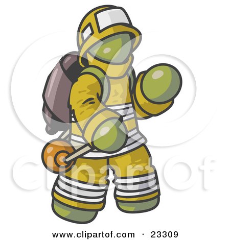 Olive Green Fireman in a Uniform, Fighting a Fire Posters, Art Prints