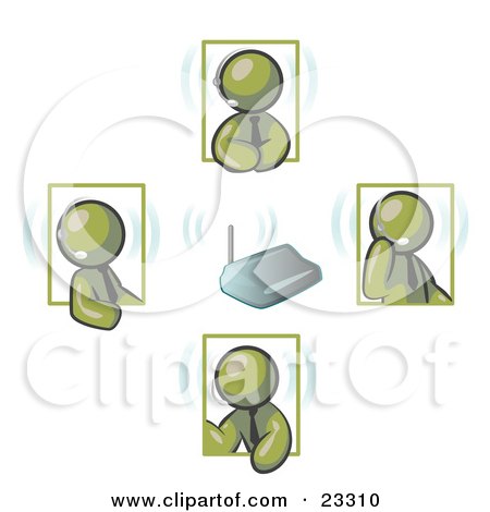 Clipart Illustration of Olive Green Men Holding A Phone Meeting And Wearing Wireless Headsets by Leo Blanchette