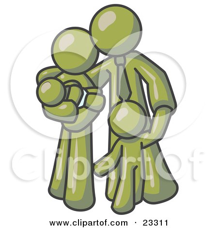 Clipart Illustration of an Olive Green Family Man, a Father, Hugging His Wife and Two Children by Leo Blanchette