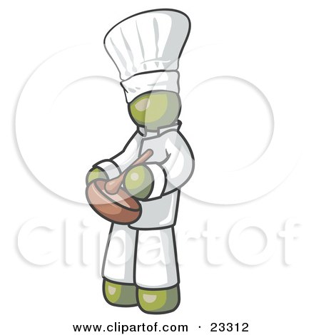 Clipart Illustration of an Olive Green Baker Chef Cook in Uniform and Chef's Hat, Stirring Ingredients in a Bowl by Leo Blanchette