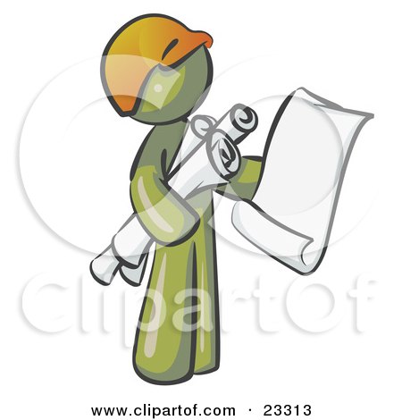 Clipart Illustration of an Olive Green Man Contractor Or Architect Holding Rolled Blueprints And Designs And Wearing A Hardhat by Leo Blanchette