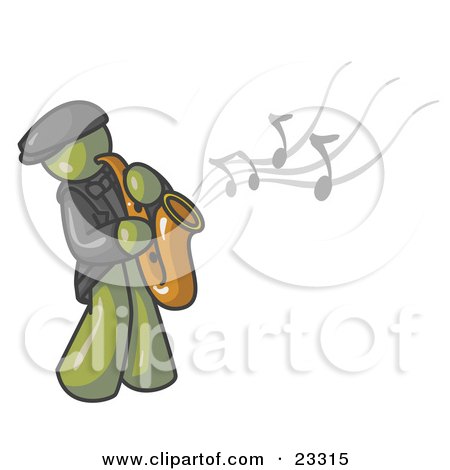 Clipart Illustration of a Musical Olive Green Man Playing Jazz With a Saxophone by Leo Blanchette