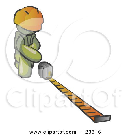 Clipart Illustration of an Olive Green Man Contractor Wearing A Hardhat, Kneeling And Measuring by Leo Blanchette