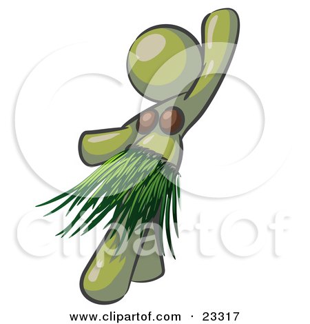 Clipart Illustration of an Olive Green Hula Dancer Woman In A Grass Skirt And Coconut Shells, Performing At A Luau by Leo Blanchette