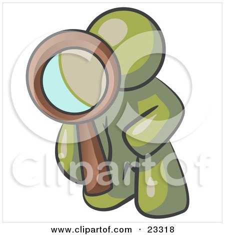 Clipart Illustration of an Olive Green Man Kneeling On One Knee To Look Closer At Something While Inspecting Or Investigating by Leo Blanchette