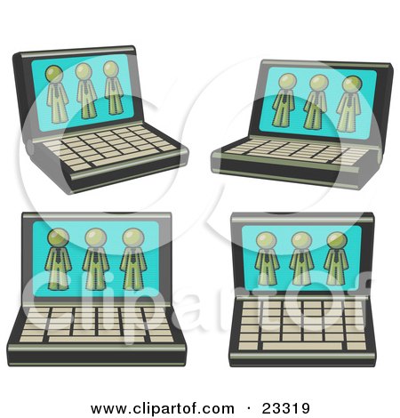 Clipart Illustration of Four Laptop Computers With Three Olive Green Men on Each Screen by Leo Blanchette