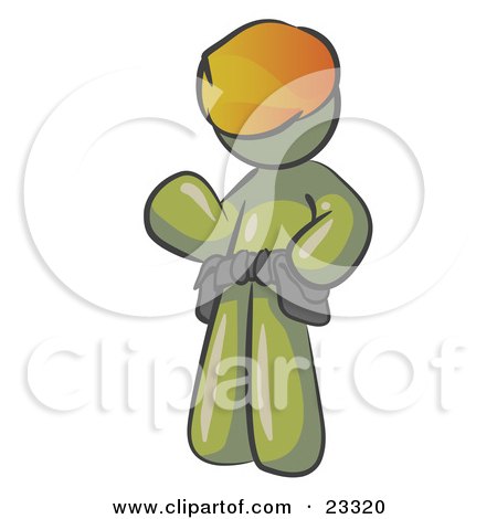 Clipart Illustration of a Friendly Olive Green Construction Worker Or Handyman Wearing A Hardhat And Tool Belt And Waving by Leo Blanchette