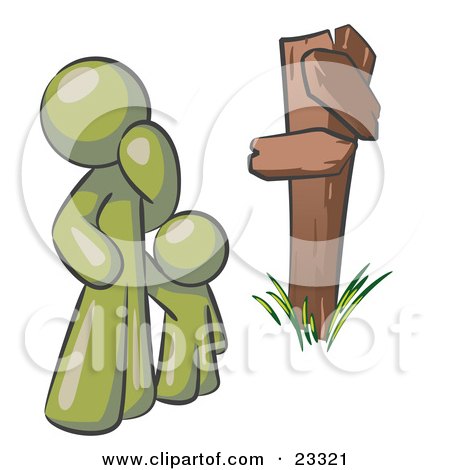 Clipart Illustration of an Uncertain Olive Green Man And Child Standing At A Wooden Post, Trying To Decide Which Direction To Go At A Crossroads by Leo Blanchette