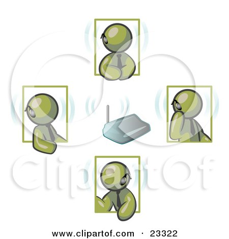 Clipart Illustration of a Group of Four Olive Green Men Holding A Phone Meeting And Wearing Wireless Bluetooth Headsets by Leo Blanchette