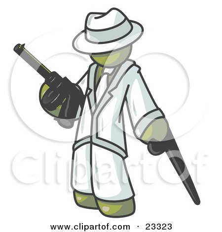 Clipart Illustration of an Olive Green Gangster Man Carrying a Gun and Leaning on a Cane by Leo Blanchette