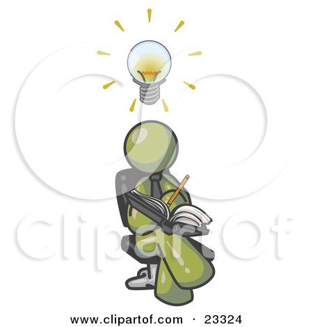 Clipart Illustration of a Smart Olive Green Man Seated With His Legs Crossed, Brainstorming and Writing Ideas Down in a Notebook, Lightbulb Over His Head by Leo Blanchette