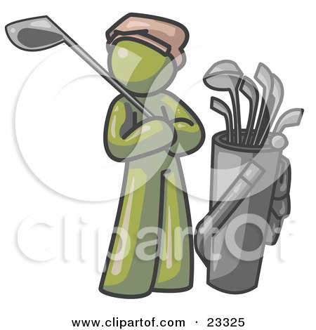 Clipart Illustration of an Olive Green Man Standing by His Golf Clubs by Leo Blanchette