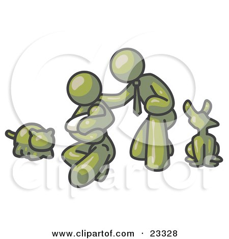 Clipart Illustration of an Olive Green Family, Father, Mother And Newborn Baby With Their Dog And Cat by Leo Blanchette