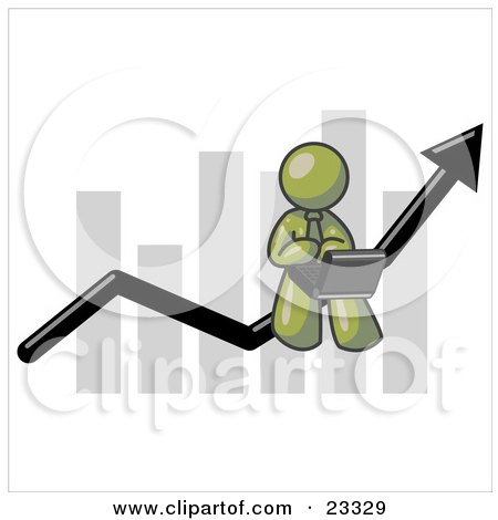 Clipart Illustration of an Olive Green Man Using a Laptop Computer, Riding the Increasing Arrow Line on a Business Chart Graph by Leo Blanchette