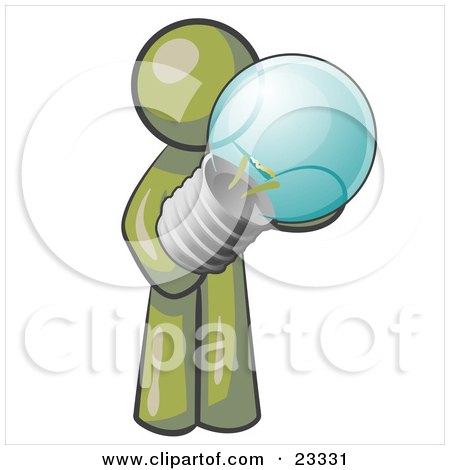 Clipart Illustration of an Olive Green Man Holding A Glass Electric Lightbulb, Symbolizing Utilities Or Ideas by Leo Blanchette