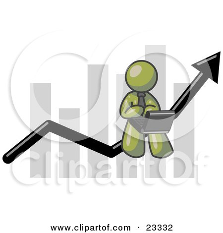 Clipart Illustration of an Olive Green Man Conducting Business On A Laptop Computer On An Arrow Moving Upwards In Front Of A Bar Graph, Symbolizing Success by Leo Blanchette