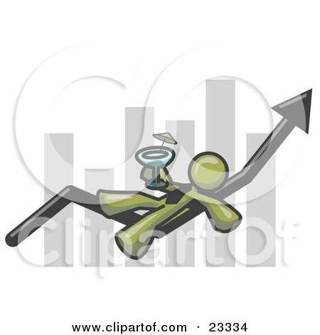 Clipart Illustration of an Olive Green Business Owner Man Relaxing on an Increase Bar and Drinking, Finally Taking a Break by Leo Blanchette