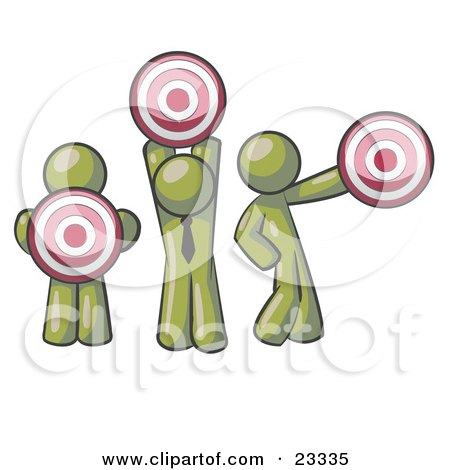 Clipart Illustration of a Group Of Three Olive Green Men Holding Red Targets In Different Positions by Leo Blanchette