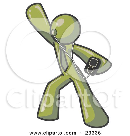 Clipart Illustration of an Olive Green Man Dancing and Listening to Music With an MP3 Player  by Leo Blanchette