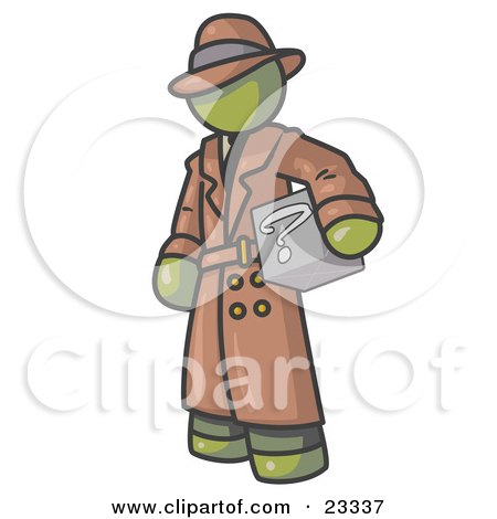 Clipart Illustration of a Secretive Olive Green Man in a Trench Coat and Hat, Carrying a Box With a Question Mark on it by Leo Blanchette