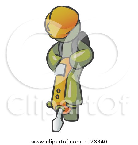 Clipart Illustration of an Olive Green Construction Worker Man Wearing A Hardhat And Operating A Yellow Jackhammer While Doing Road Work by Leo Blanchette