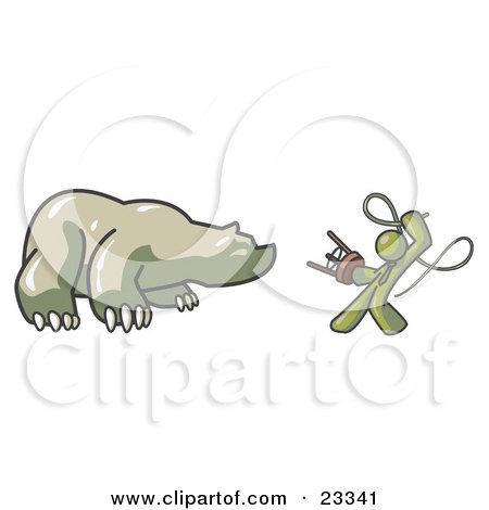Clipart Illustration of an Olive Green Man Holding a Stool and Whip While Taming a Bear, Bear Market by Leo Blanchette