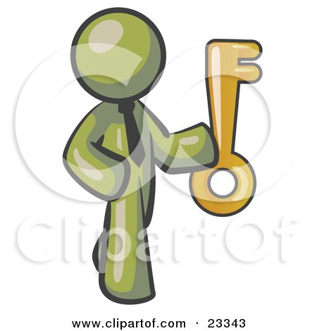 Clipart Illustration of an Olive Green Businessman Holding up a Large Golden Skeleton Key by Leo Blanchette
