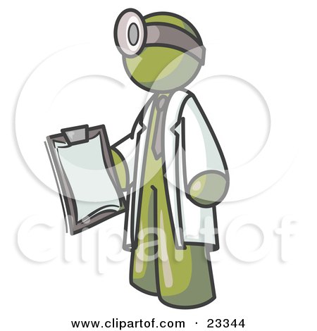 Clipart Illustration of an Olive Green Male Doctor Holding a Clipboard And Wearing a Head Lamp by Leo Blanchette