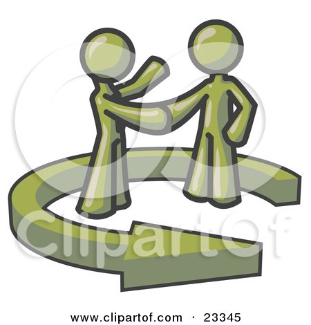 Clipart Illustration of an Olive Green Salesman Shaking Hands With a Client While Making a Deal by Leo Blanchette