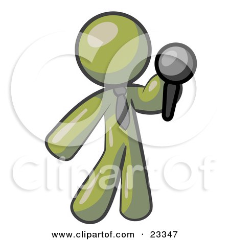Clipart Illustration of an Olive Green Man, A Comedian Or Vocalist, Wearing A Tie, Standing On Stage And Holding A Microphone While Singing Karaoke Or Telling Jokes by Leo Blanchette