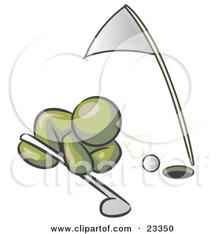 Clipart Illustration of an Olive Green Man Down On The Ground, Trying To Blow A Golf Ball Into The Hole by Leo Blanchette