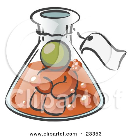 Clipart Illustration of an Olive Green Man Trapped Inside A Bubbly Potion In A Laboratory Beaker With A Tag Around The Bottle by Leo Blanchette