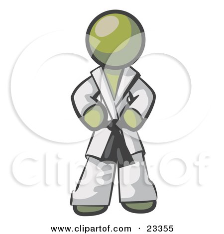 Clipart Illustration of a Tough Olive Green Man In A White Karate Suit And A Black Belt, Standing With His Hands On His Hips by Leo Blanchette
