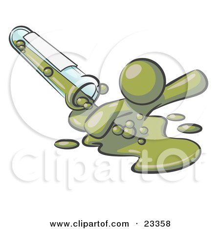 Clipart Illustration of an Olive Green Man Emerging From Spilled Chemicals Pouring Out Of A Glass Test Tube In A Laboratory by Leo Blanchette
