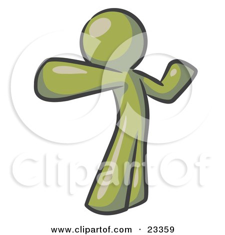 Clipart Illustration of an Olive Green Man Stretching His Arms And Back Or Punching The Air by Leo Blanchette