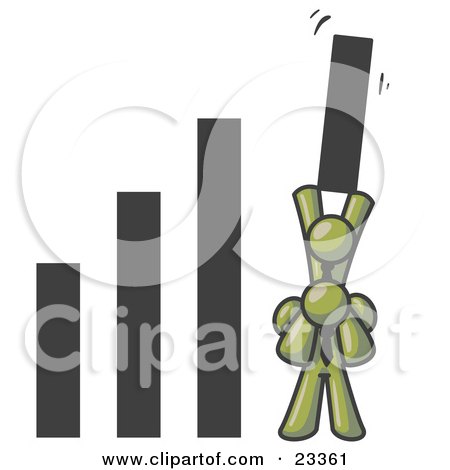 Clipart Illustration of an Olive Green Man on Another Man's Shoulders, Holding up a Bar in a Graph by Leo Blanchette