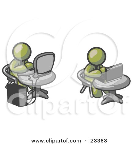 Clipart Illustration of Two Olive Green Men, Employees, Working on Computers in an Office, One Using a Desktop, the Other Using a Laptop by Leo Blanchette