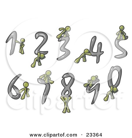 Clipart Illustration of Olive Green Men With Numbers 0 Through 9 by Leo Blanchette