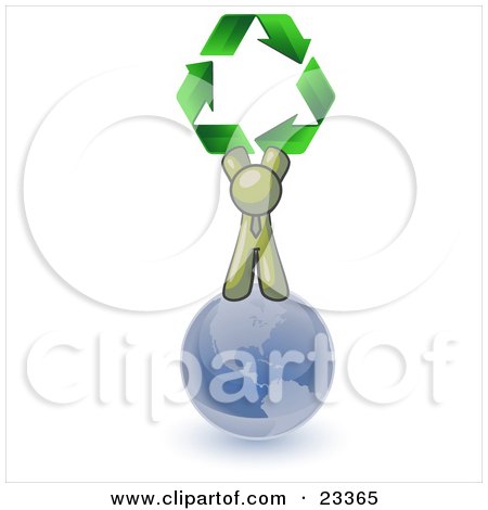 Clipart Illustration of an Olive Green Man Standing On Top Of The Blue Planet Earth And Holding Up Three Green Arrows Forming A Triangle And Moving In A Clockwise Motion, Symbolizing Renewable Energy And Recycling by Leo Blanchette