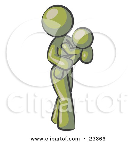 Clipart Illustration of an Olive Green Woman Carrying Her Child In Her Arms, Symbolizing Motherhood And Parenting by Leo Blanchette